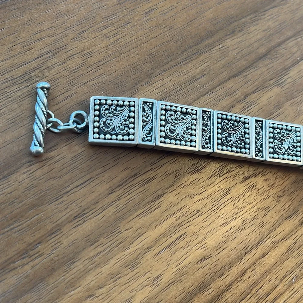 Lois Hill Vintage Granulation Filigree Toggle Sterling Silver Bangle Bracelet - Picture 2 of 8